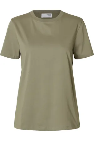 SELECTED Koszulki, Kobieta, Zielony, L, Bawełna, Podstawowy T-shirt z okrągłym dekoltem