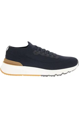 Brunello Cucinelli Buty, Mężczyzna, Niebieski, 43 EU, Wełna, Bawełniane dzianinowe i półmatowe skórzane sneakersy