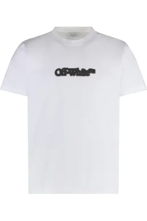 OFF-WHITE Koszulki, Mężczyzna, Biały, S, Bawełna, Bawełniany T-shirt z okrągłym dekoltem i dużym nadrukiem