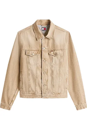 Tommy Hilfiger Kurtki, Mężczyzna, Beżowy, S, Brązowa kurtka jeansowa z haftowanym logo