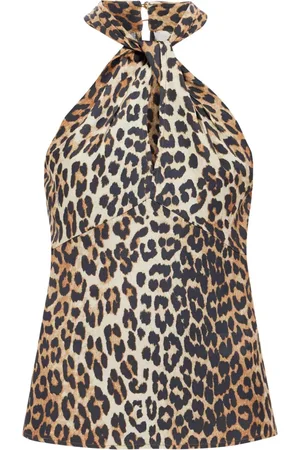 Ganni Koszulki, Kobieta, brązowy, S, Satyna, Satynowy Top typu Halter w Leopardzi Wzór