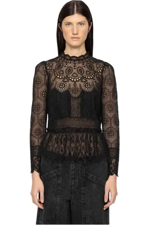SEA Koszulki, Kobieta, Czarny, M, Nylon, Haftowany Długi Rękaw Peplum Top