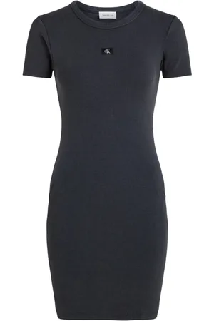 Calvin Klein Sukienki, Kobieta, Czarny, L, Ryflowana Sukienka Bodycon z Wyciętymi Reversami