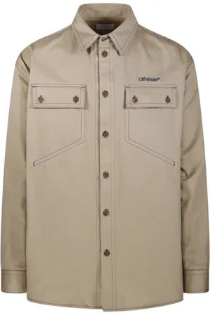 OFF-WHITE Kurtki, Mężczyzna, Beżowy, M, Bawełna, Wojskowa koszula Creme Brule Stitch Overshirt