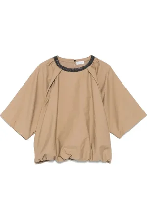 Brunello Cucinelli Bluzki, Kobieta, Beżowy, M, Luźny Bawełniany T-shirt z dzianiny dżersejowej