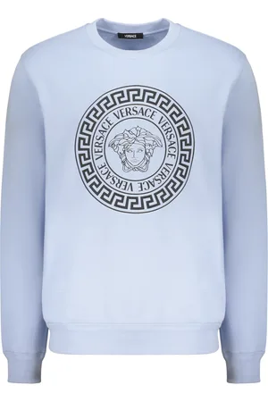 VERSACE Bluzy, Mężczyzna, Niebieski, S, Żakardowy sweter bawełniany z nadrukiem