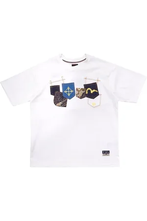 Evisu Koszulki, Mężczyzna, Biały, XL, T-shirt Multi-Pocket Bianca z naszywką Brocade
