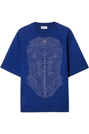 OFF-WHITE Koszulki, Mężczyzna, Niebieski, M, Bawełna, T-shirt z haftem skanu ciała z przodu