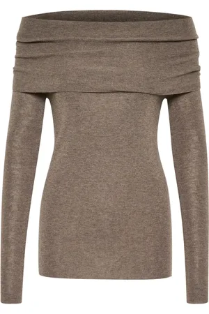My Essential Wardrobe Swetry, Kobieta, brązowy, S, Elegancka Bluzka Off-Shoulder Brązowy Melanż