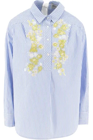 ERMANNO SCERVINO Bluzki, Kobieta, Niebieski, XS, Bawełna, Koszula w paski z kwiatowym haftem