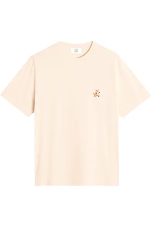 Maison Kitsuné Koszulki, Mężczyzna, Beżowy, S, Fox Patch Bawełniany T-shirt z okrągłym dekoltem