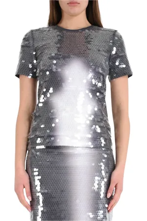 Sportmax Koszulki, Kobieta, Szary, L, T-shirt z cekinami w nadruku z dzianiny