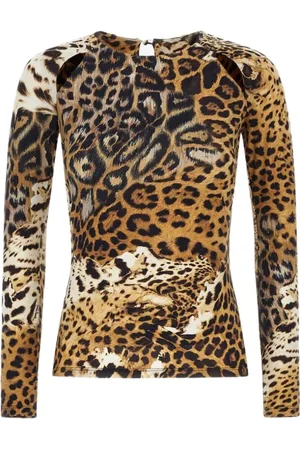 Roberto Cavalli Koszulki, Kobieta, Wielobarwność, L, Długi rękaw z nadrukiem Jaguar Skin