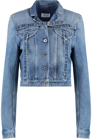 OFF-WHITE Kurtki, Kobieta, Niebieski, XS, Bawełna, Krótka kurtka jeansowa z poduszkami na ramionach
