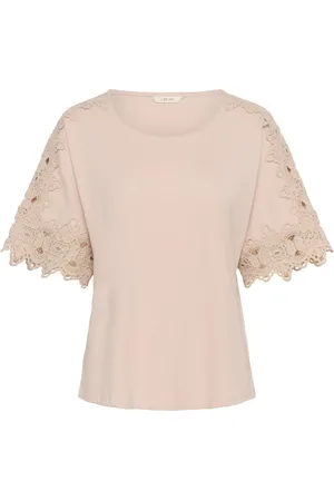 Cream Koszulki, Kobieta, Różowy, 2XL, Bawełna, T-shirt z Haftem na Rękawach Sepia Rose