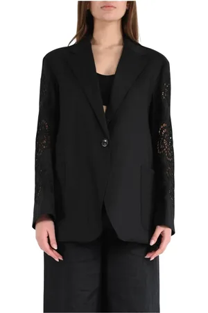 Max Mara Kurtki, Kobieta, Czarny, L, Lniana marynarka z haftem kwiatowym