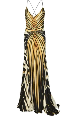 Roberto Cavalli Sukienki, Kobieta, Żółty, S, Długa sukienka w złoty wzór Ray Of Gold z głębokim dekoltem V