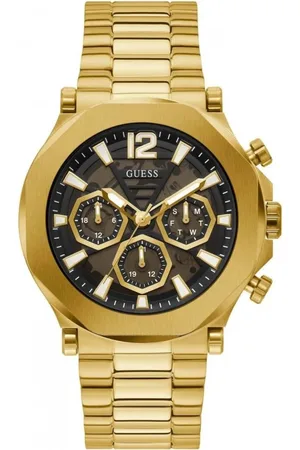 Guess Akcesoria, Mężczyzna, Żółty, ONE SIZE, Len, Złoty Stalowy Zegarek Analogowy z Mechanizmem Kwarcowym