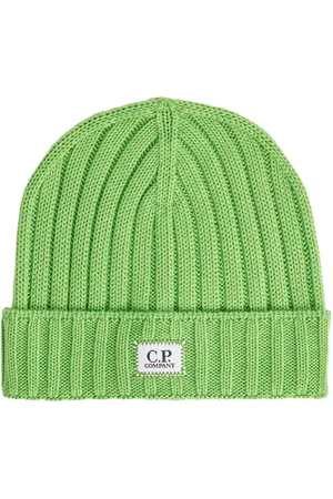 C.P. Company Akcesoria, Mężczyzna, Zielony, ONE SIZE, Wełna, Prążkowana Czapka Beanie z Logo