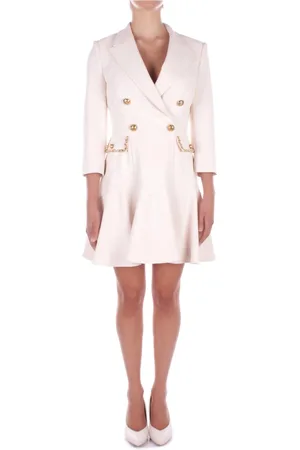 Elisabetta Franchi Sukienki, Kobieta, Beżowy, L, Poliester, Elegancka sukienka z logo-guzikami