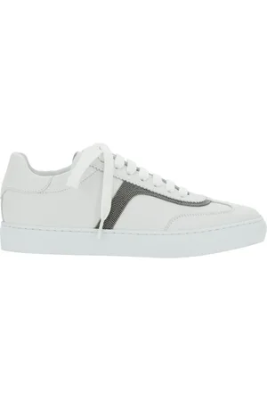 Brunello Cucinelli Buty, Kobieta, Biały, 38 1/2 EU, Białe Skórzane Sneakersy z Monili Detalem Łańcucha