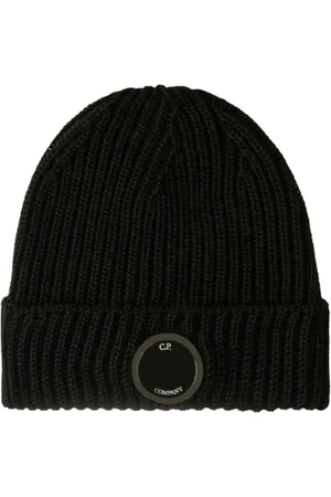 C.P. Company Akcesoria, Kobieta, Czarny, ONE SIZE, Wełna, Cienka Czapka Beanie z Wełny Merino z Soczewką