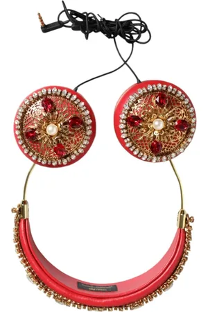 Dolce & Gabbana Akcesoria, Kobieta, Czerwony, ONE SIZE, Słuchawki Ozdobione Czerwone Złote Kryształy