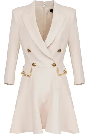 Elisabetta Franchi Sukienki, Kobieta, Beżowy, L, Poliester, Satynowa sukienka dwurzędowa z monogramem