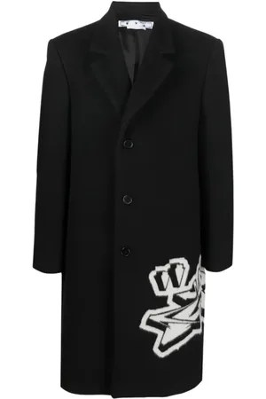 OFF-WHITE Płaszcze, Mężczyzna, Czarny, M, Wełniany płaszcz typu skate z motywem graffiti