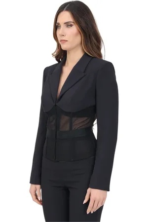 Elisabetta Franchi Kurtki, Kobieta, Czarny, XS, Tiul, Czarna marynarka z krepy i tiulu