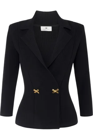 Elisabetta Franchi Kurtki, Kobieta, Czarny, XL, Poliester, Czarna dzianinowa marynarka z biżuteryjnymi kokardami