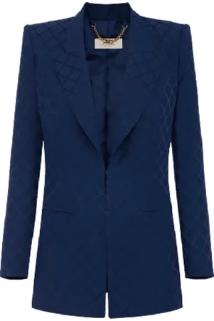 Elisabetta Franchi Kurtki, Kobieta, Niebieski, M, Satyna, Żakiet z satyny żakardowej w diamenty