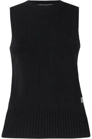 Armani Exchange Koszulki, Kobieta, Czarny, M, Len, Czarna Crewneck Slim Fit Top