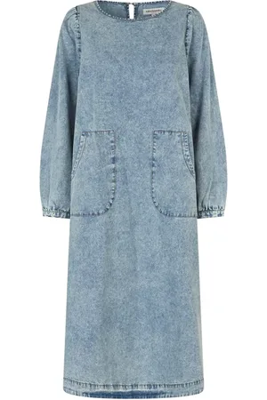 Lollys Laundry Sukienki, Kobieta, Niebieski, L, Denim, Minimalistyczna Sukienka Midi w Wypranym Denimie