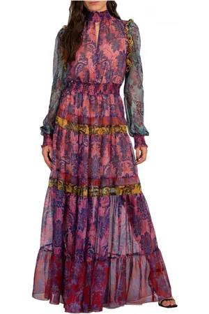 VERSACE Sukienki, Kobieta, Wielobarwność, S, Poliester, Kwiatowa Sukienka Maxi z Falbanami