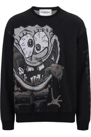 Iceberg Swetry, Mężczyzna, Czarny, 2XL, Bawełniany sweter z dekoltem w serek i motywem niedźwiedzia
