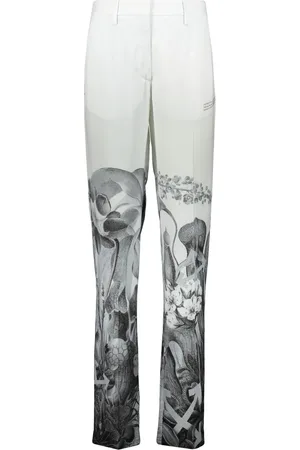 OFF-WHITE Spodnie, Kobieta, Biały, 2XS, Poliester, Spodnie w kwiatowy wzór z nadrukiem logo
