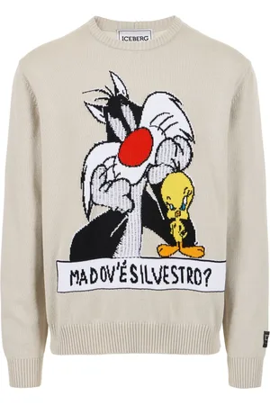 Iceberg Swetry, Mężczyzna, Beżowy, 2XL, Bawełniany sweter w kolorze lodu z kreskówką i wstawkami z dżakardu