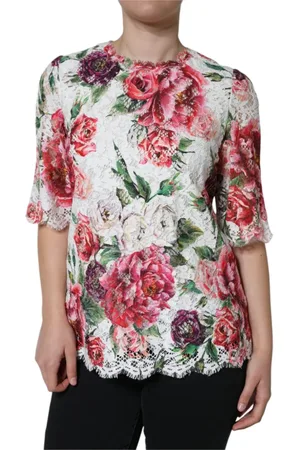 Dolce & Gabbana Bluzki, Kobieta, Wielobarwność, S, Nylon, Biała Koronkowa Bluzka z Krótkim Rękawem i Kwiatowym Wzorem