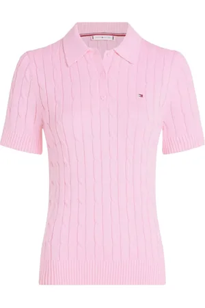 Tommy Hilfiger Koszulki, Kobieta, Różowy, S, Uniwersalny Sweter Polo z Warkoczami