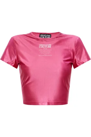 VERSACE Koszulki, Kobieta, Różowy, M, Crop Top z Wyrazistym Nadrukiem