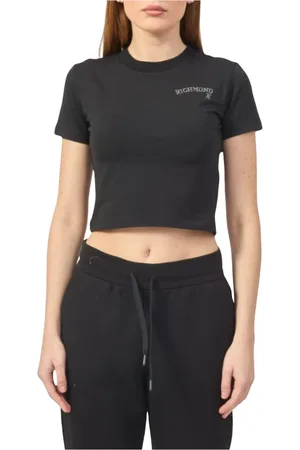 John Richmond Koszulki, Kobieta, Czarny, S, Cropped T-shirt z okrągłym dekoltem