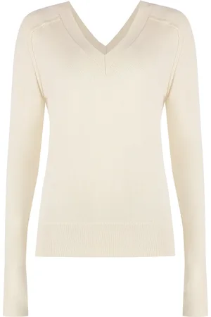Calvin Klein Swetry, Kobieta, Beżowy, S, Wełna, Wełniany sweter z dekoltem w serek i prążkowaną fakturą