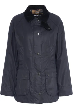 Barbour Kurtki, Kobieta, Niebieski, L, Niebieska woskowa kurtka z kołnierzem z sztruksu
