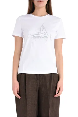 Max Mara Koszulki, Kobieta, Biały, XS, Haftowany T-shirt z bawełny Model jeziora