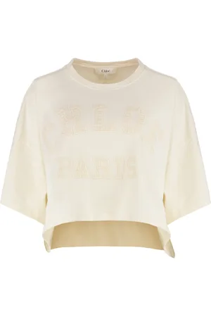 Chloé Koszulki, Kobieta, Beżowy, M, Koronkowy Kołnierz Bawełniany Oversize Top
