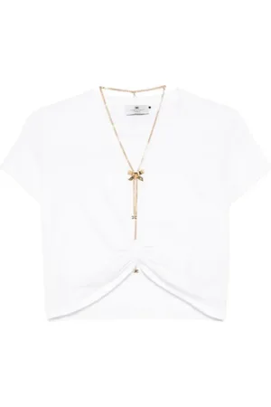Elisabetta Franchi Koszulki, Kobieta, Biały, M, Krótki T-shirt z bawełnianego jerseyu z naszyjnikiem