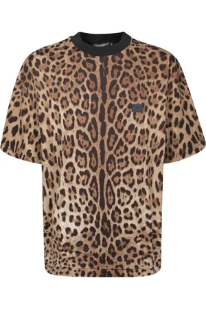 Dolce & Gabbana Koszulki, Mężczyzna, brązowy, M, Leopard Print Crew Neck T-Shirt