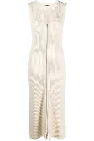 Jil Sander Sukienki, Kobieta, Beżowy, S, Bawełna, Sukienka midi z dzianiny prążkowanej z dekoltem w serek