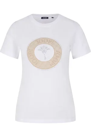 JOOP! Koszulki, Kobieta, Biały, XL, Biała Bawełniana Koszulka z Beżowym Logo i Kryształami
